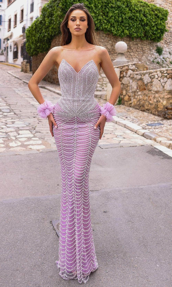 Chic and Holland HF110317 - V-Neck Beaded Ornate Evening Dress - Lavender - Main