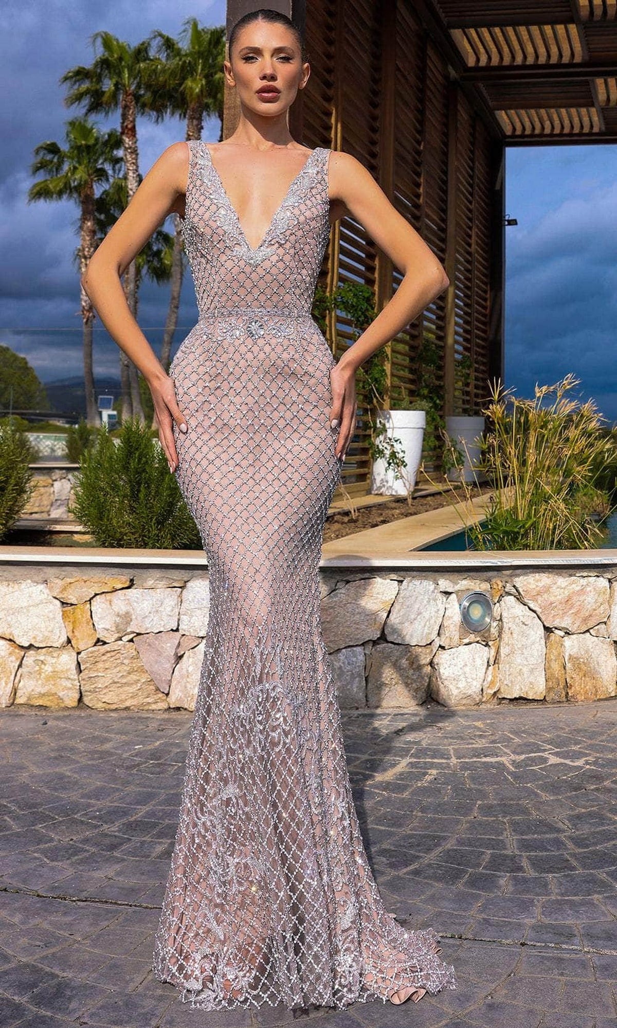 Chic and Holland HF110331 - Beaded Lattice V-Neck Evening Dress - Silver/Nude - Main