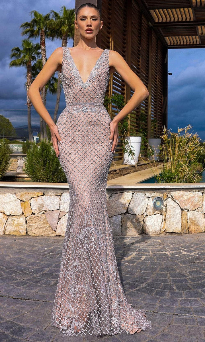 Chic and Holland HF110331 - Beaded Lattice V-Neck Evening Dress - Silver/Nude - Main