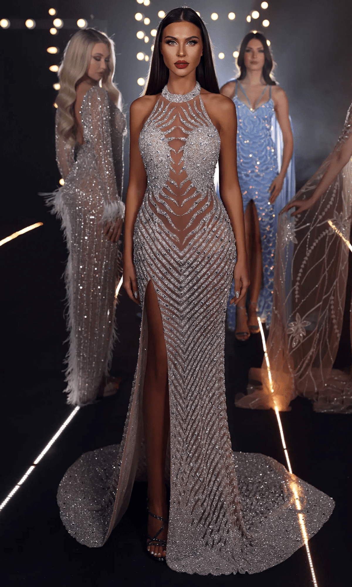 Chic and Holland HF110333 - Illusion Halter Beaded Evening Gown - Silver Nude - Main