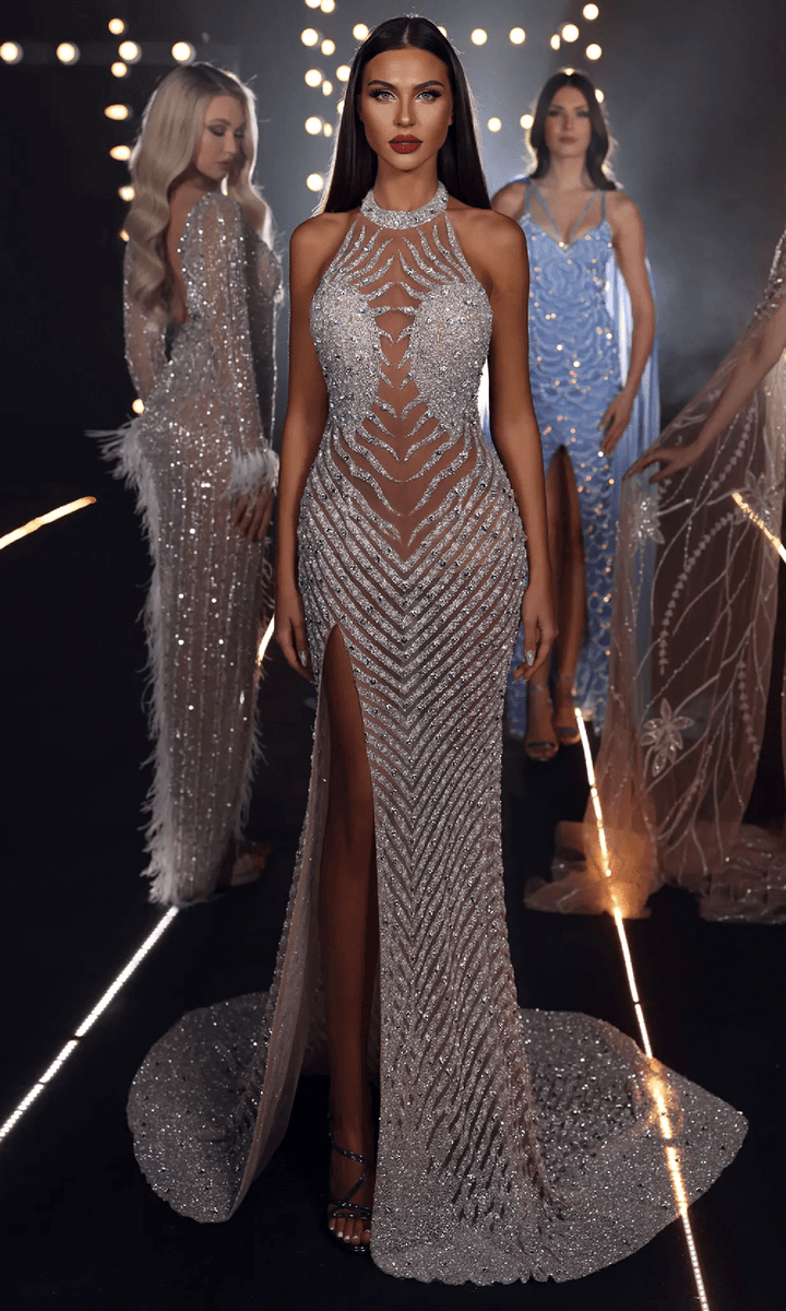 Chic and Holland HF110333 - Illusion Halter Beaded Evening Gown - Silver Nude - Main