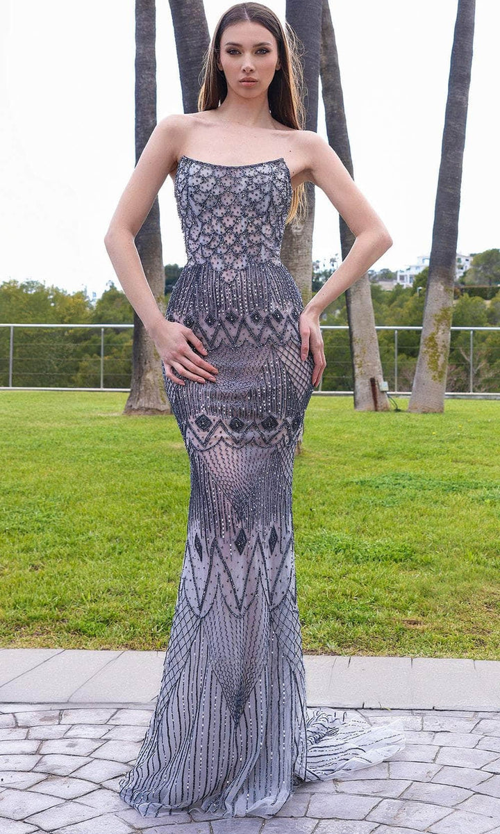 Chic and Holland HF110337 - Strapless Scoop Neck Evening Dress - Gunmetal - Main