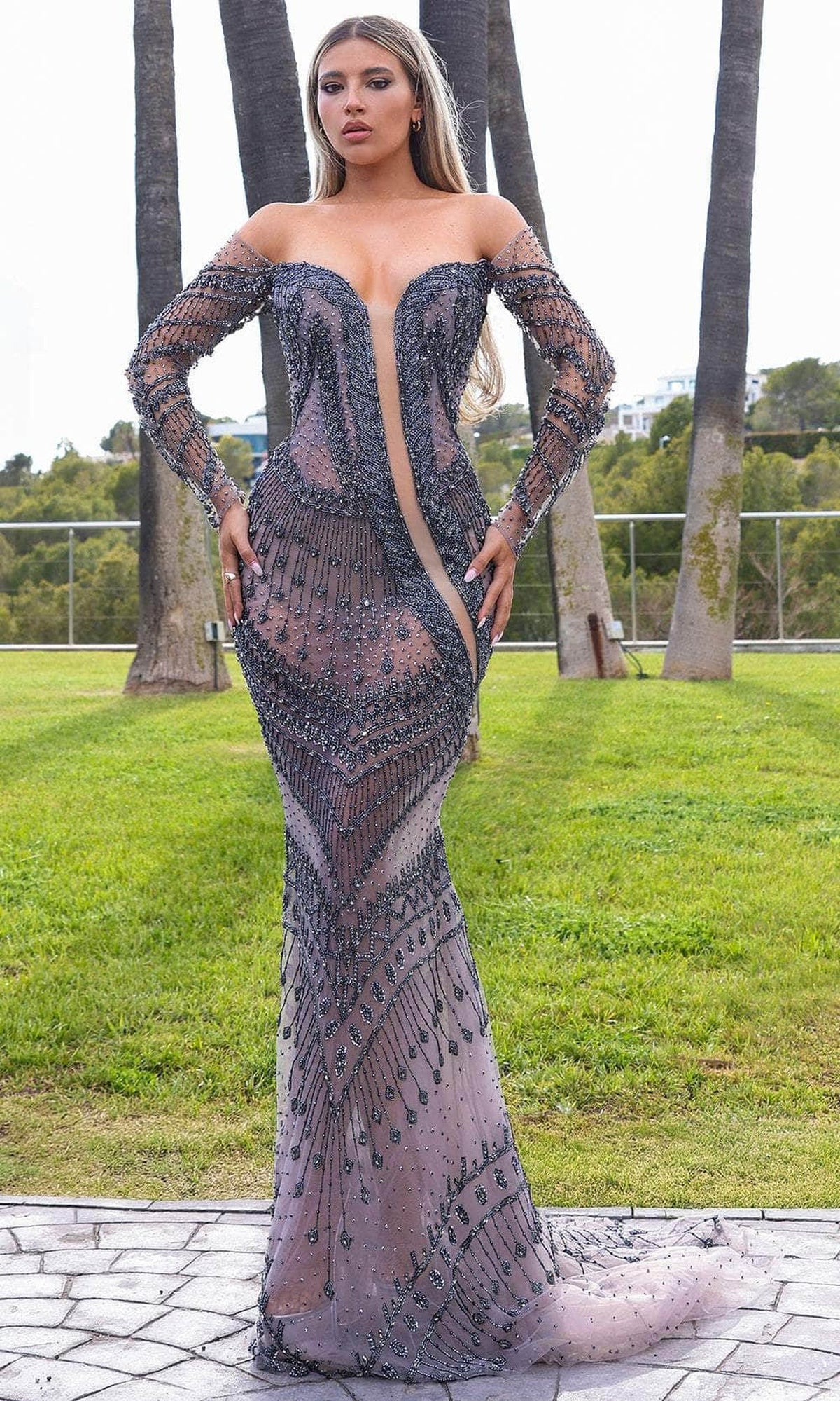 Chic and Holland HF110344 - Off Shoulder Allover Beaded Evening Dress - Gunmetal - Main