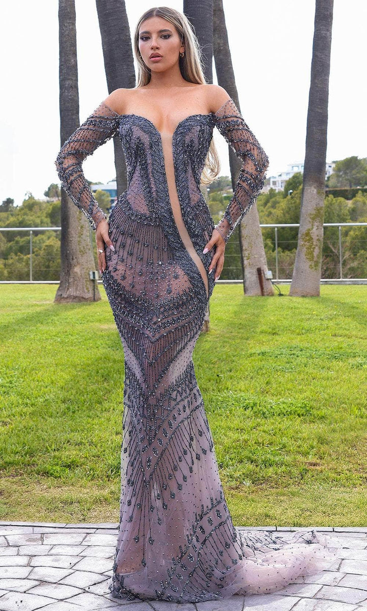 Chic and Holland HF110344 - Off Shoulder Allover Beaded Evening Dress - Gunmetal - Main