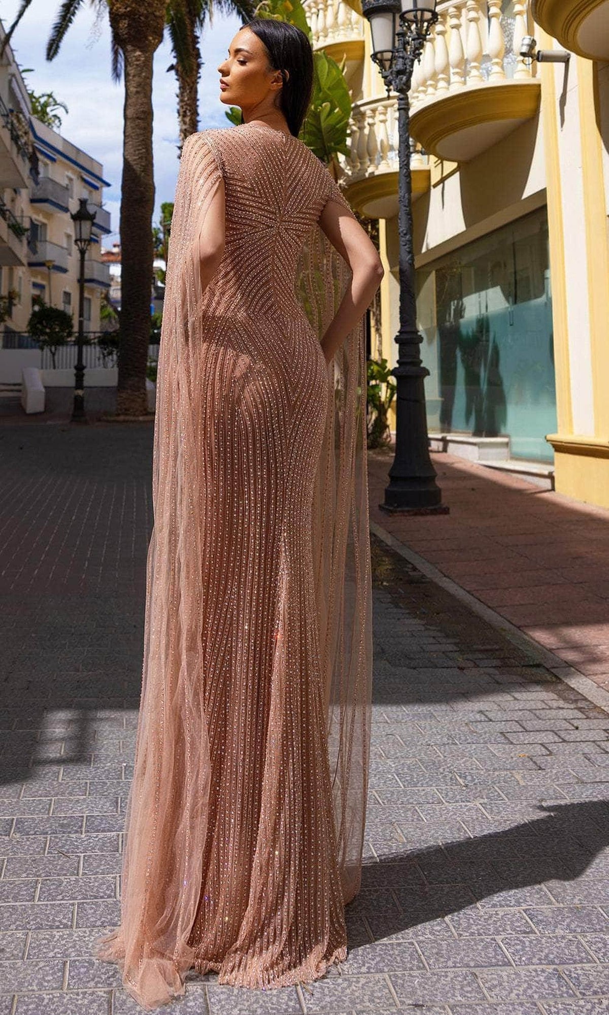 Chic & Holland HF110345 - Cape Sleeve Cutout Evening Dress