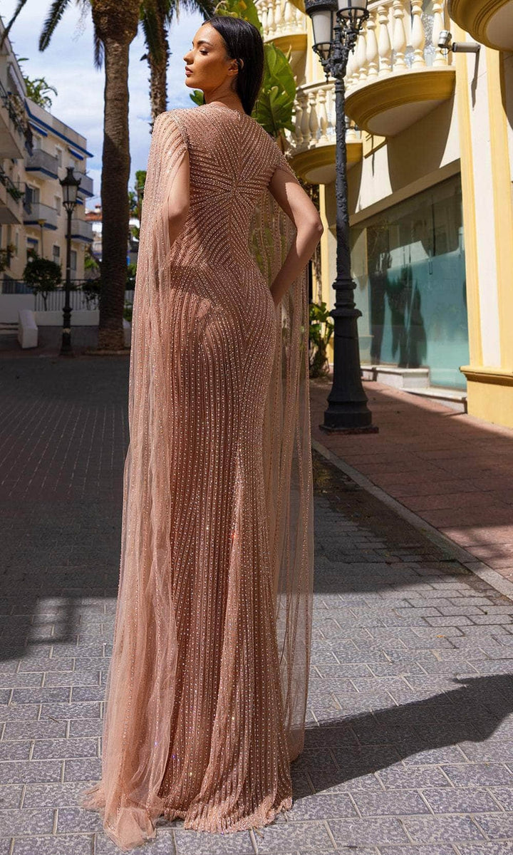 Chic & Holland HF110345 - Cape Sleeve Cutout Evening Dress
