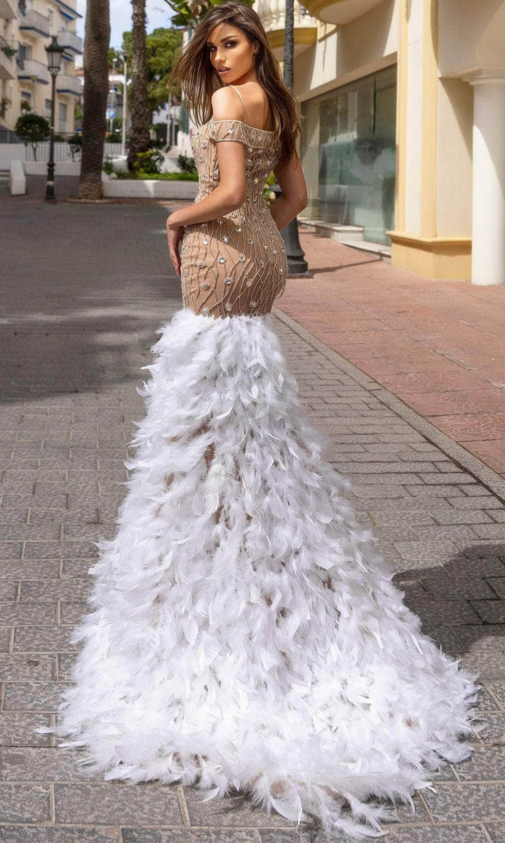 Chic & Holland HF110349 - Cold Shoulder Feather Evening Dress