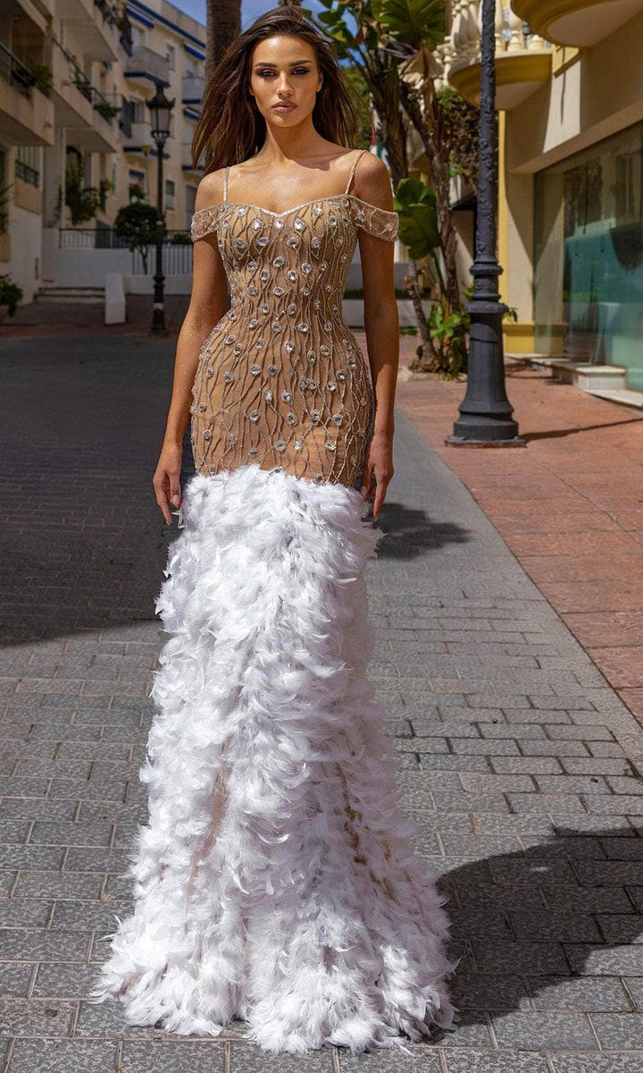 Chic and Holland HF110349 - Cold Shoulder Feather Evening Dress - Ivory/Nude/Silver - Main