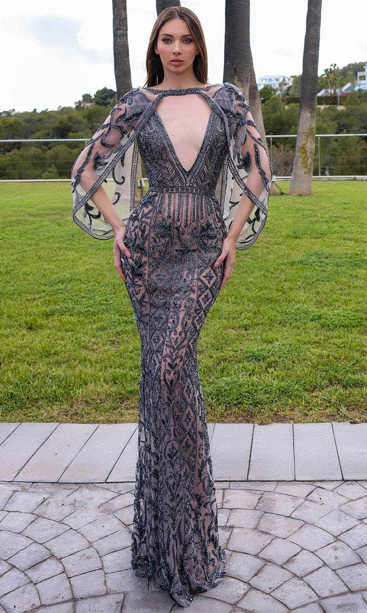 Chic and Holland HF110364 - Jeweled Plunging V-Neck Evening Dress - Gunmetal/Nude - Main