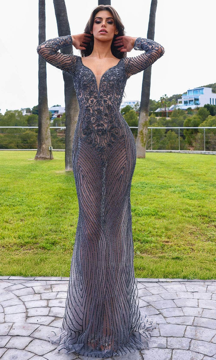 Chic and Holland HF110397 - Illusion Bodice Long Sleeve Evening Dress - Gunmetal - Main
