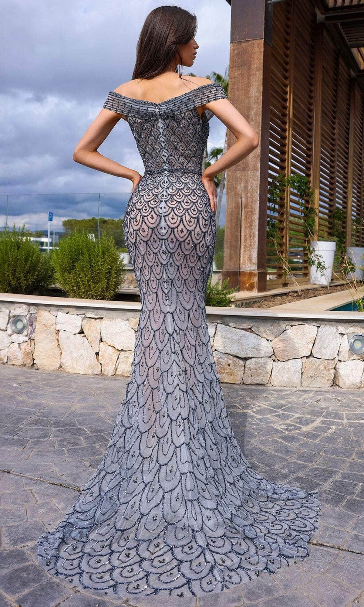 Chic & Holland HF110411 - Cap Sleeve Beaded Evening Dress