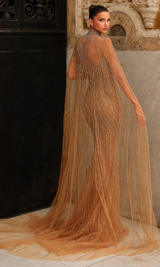 Chic & Holland HF110562 - Sheer Cape Plunging Neckline Dress