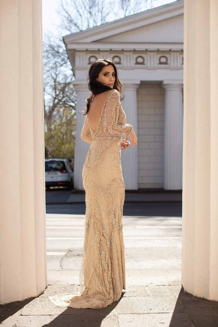 Chic & Holland - HF1476 Long Sleeve V-Neck Fully Beaded Sheath Gown