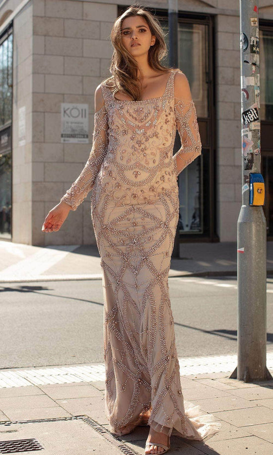 Chic and Holland HF1482 - Long Sleeve Beaded Evening Dress - Blush - Main