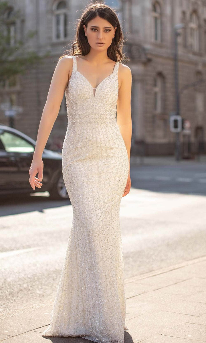 Chic and Holland HF1638 - Plunging Sweetheart Evening Dress - Silver - Main