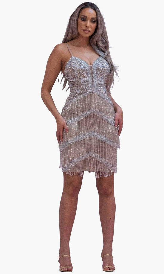 Chic and Holland SD1831 - Beaded Fringed Cocktail Dress - Nude - Main