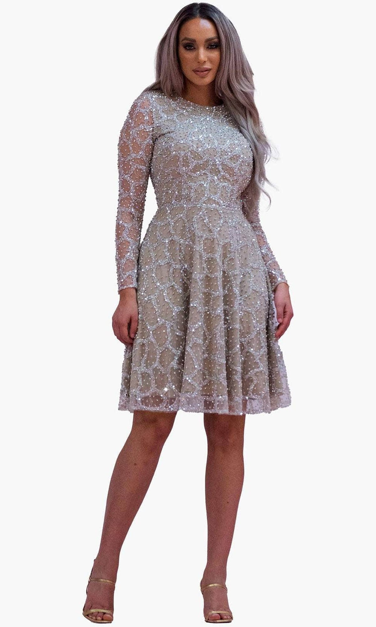 Chic and Holland SD1832 - Jewel Beaded Cocktail Dress - Silver - Main