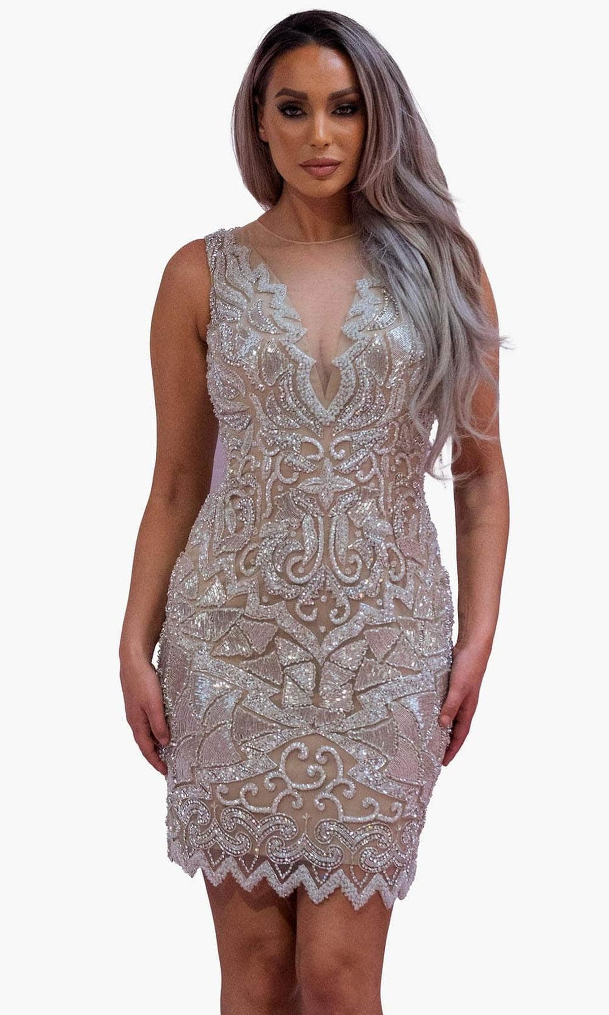 Chic & Holland SD1838 - Illusion Jewel Cocktail Dress
