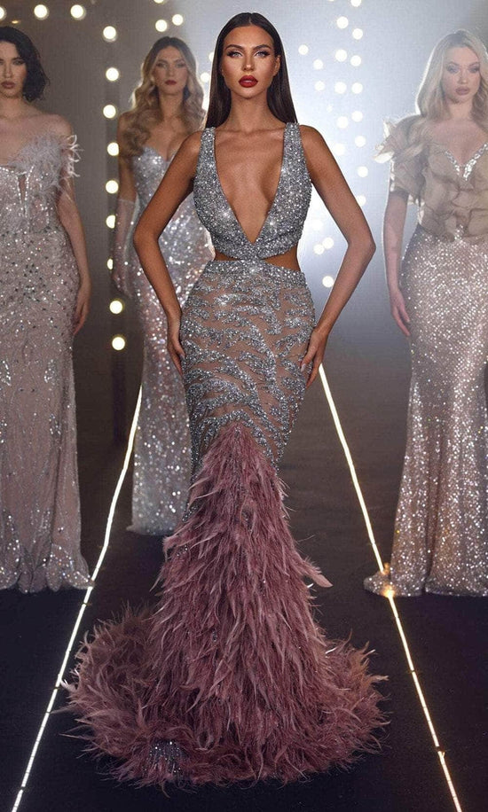 Chic and Holland ZRH440005 - Feather Flare Evening Gown - Nude Silver Mauve - Main