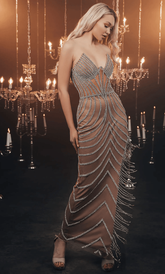 Chic and Holland ZRH440014 - Strapless Bead Fringed Gown - Nude Silver - Main
