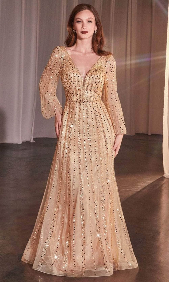 Dazzling Sheer Bishop Sleeve Evening Gown - Champagne Gold - Main