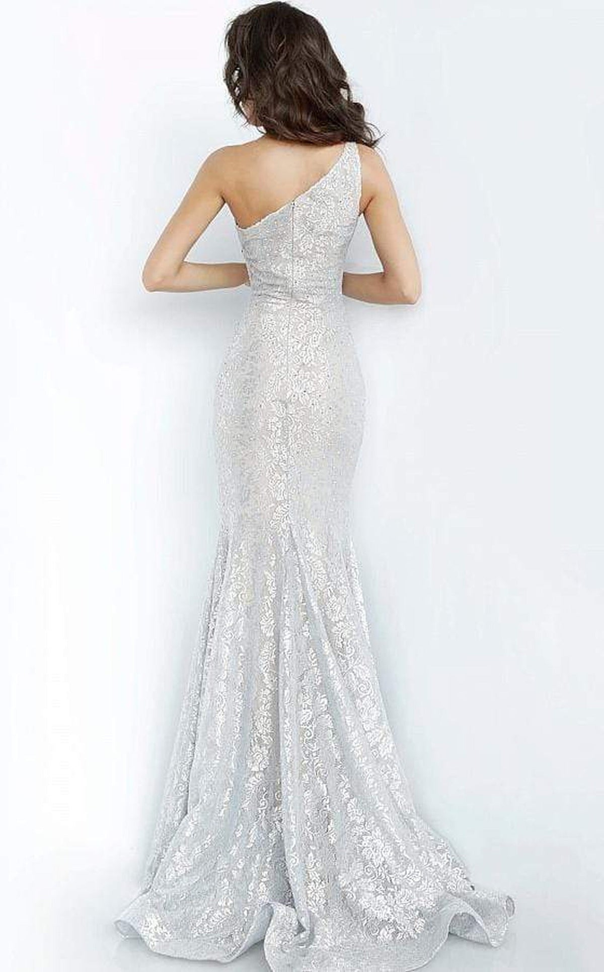 Jovani - 00353 One Shoulder Stretch Metallic Lace Trumpet Dress
