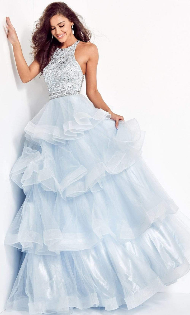 Jovani - 00461 Embellished Halter Tiered A-line Dress - Light-Blue - Main