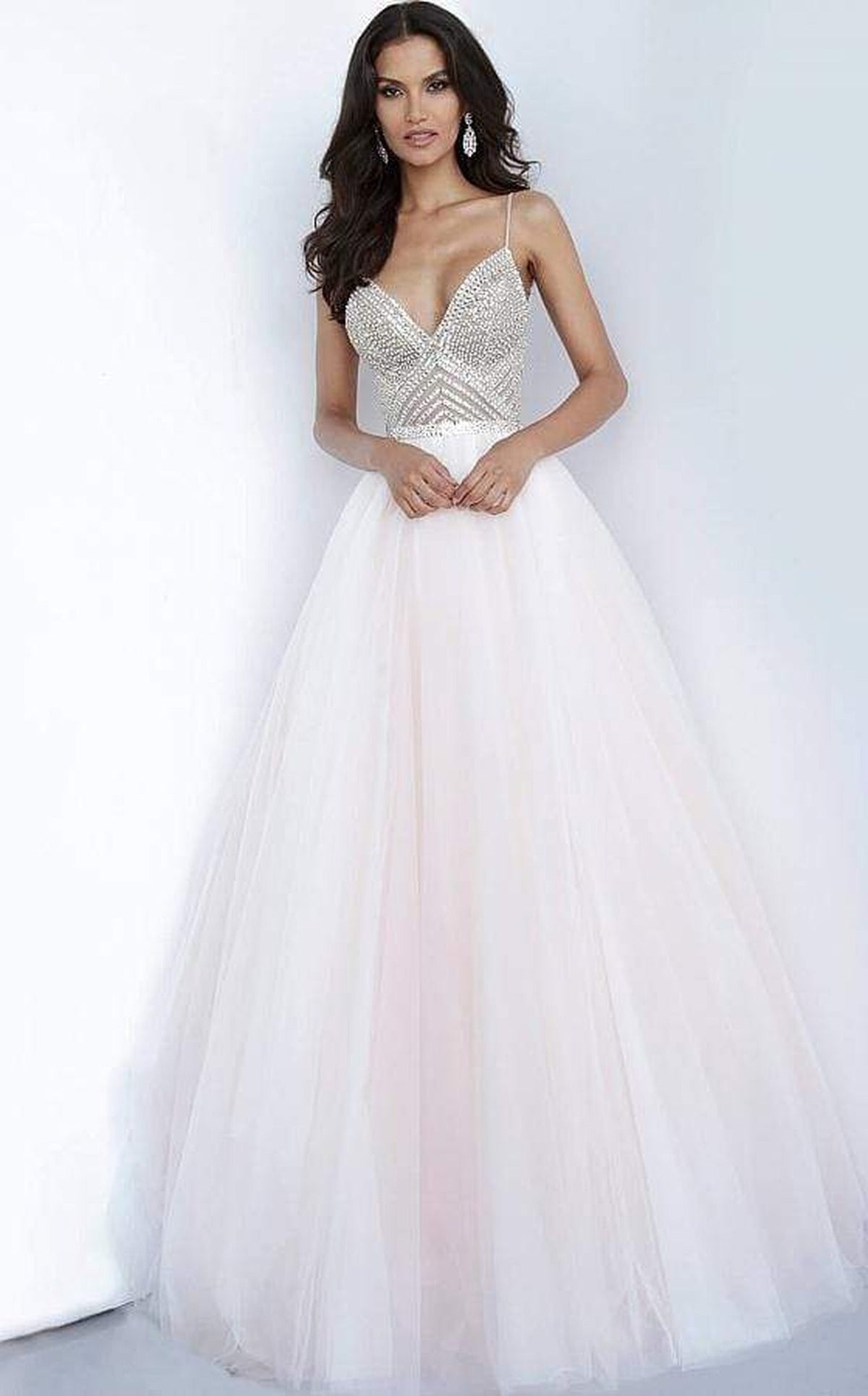 Jovani - 00580 Beaded Deep V-neck Ballgown - Blush - Main