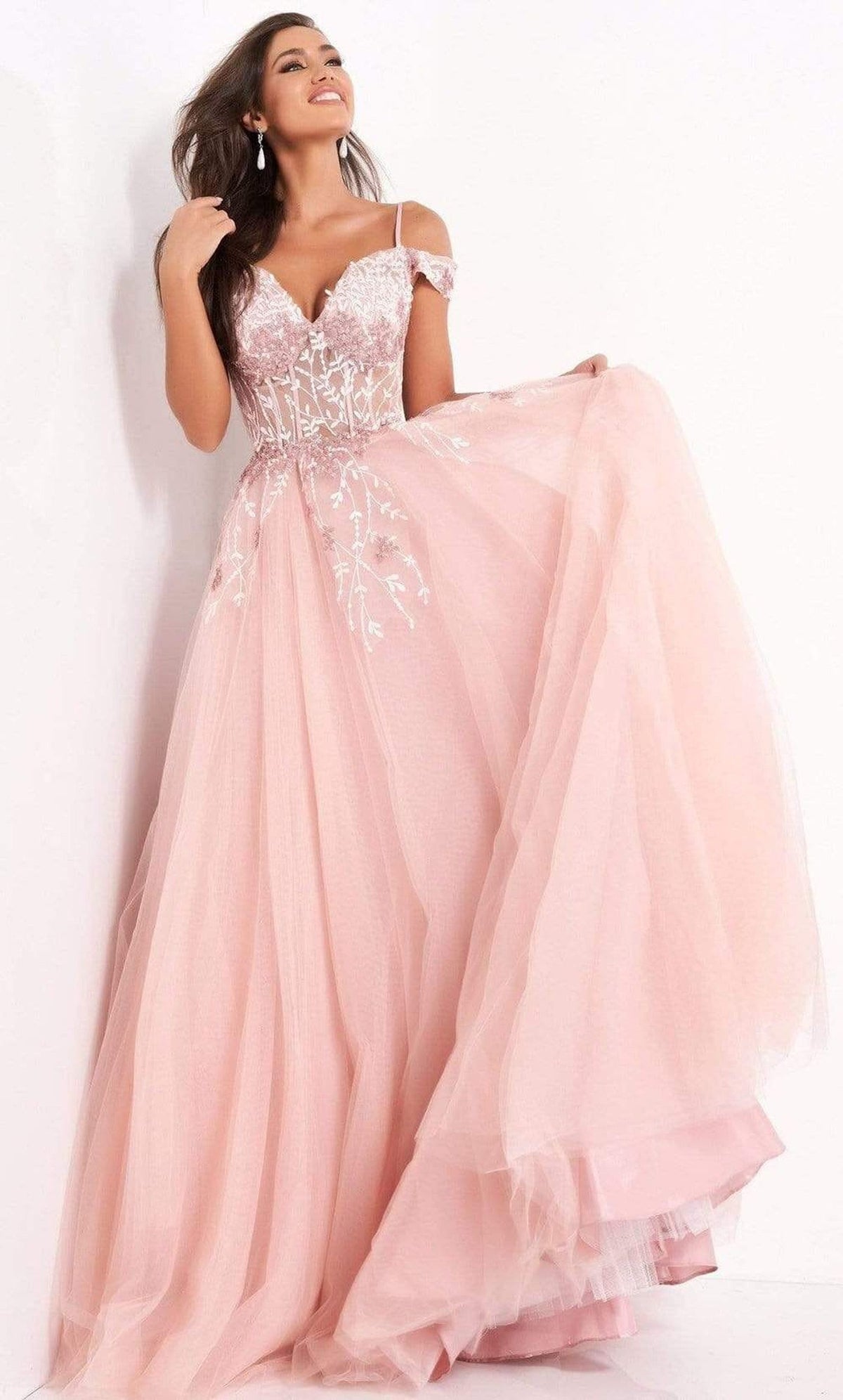 Jovani - 02022 Floral Ornate Corset Tulle Dress