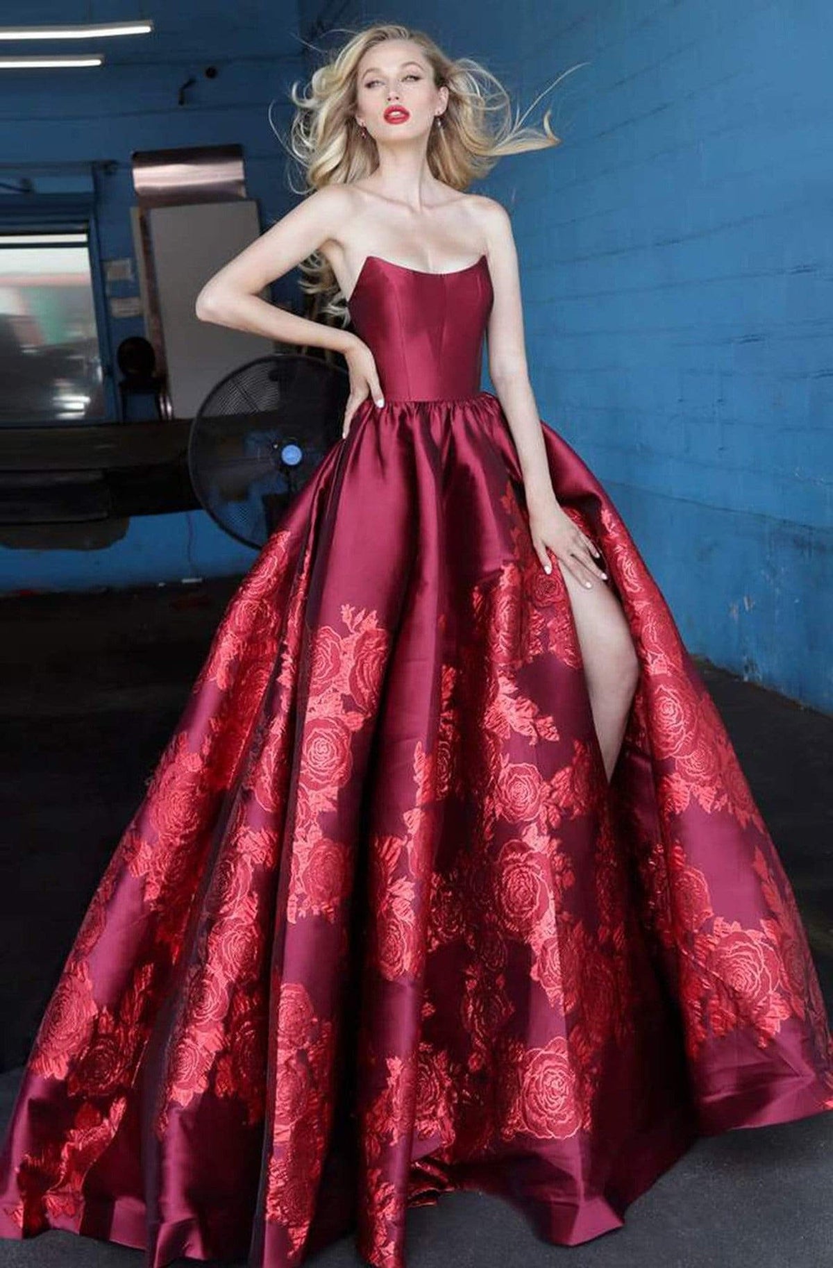 Jovani - 02038 Strapless Scoop Neck Floral Embroidered Gown