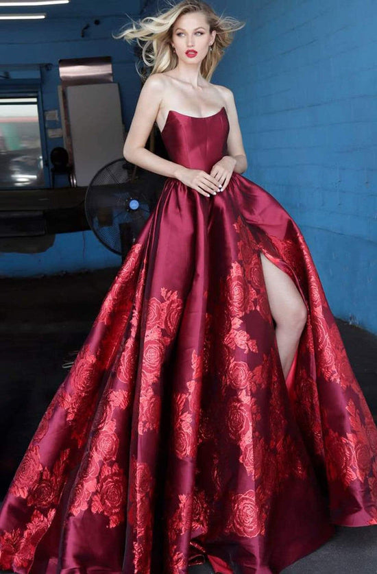 Jovani - 02038 Strapless Scoop Neck Floral Embroidered Gown