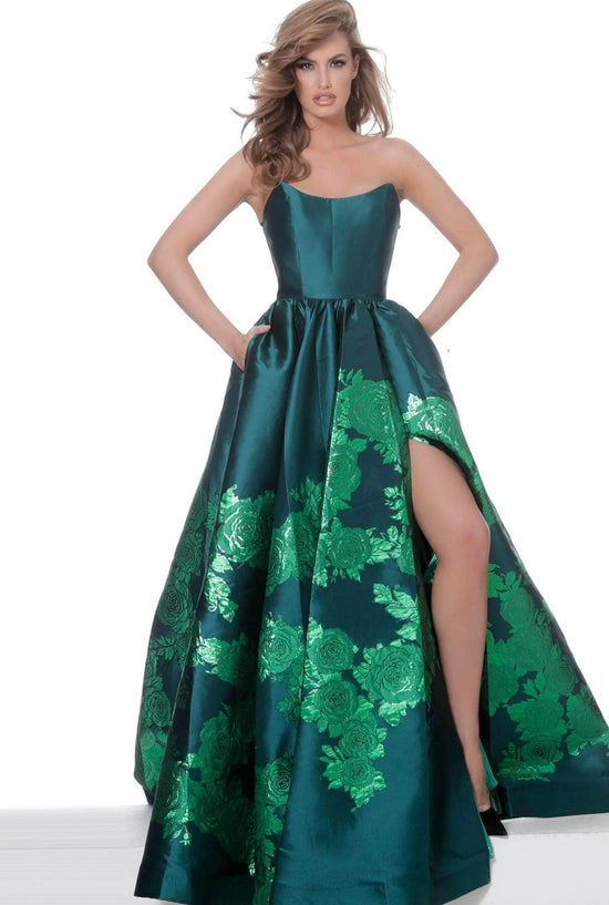 Jovani - 02038 Strapless Scoop Neck Floral Embroidered Gown - Red - Main