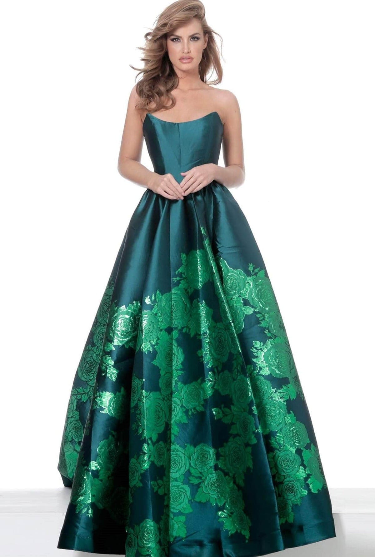 Jovani - 02038 Strapless Scoop Neck Floral Embroidered Gown