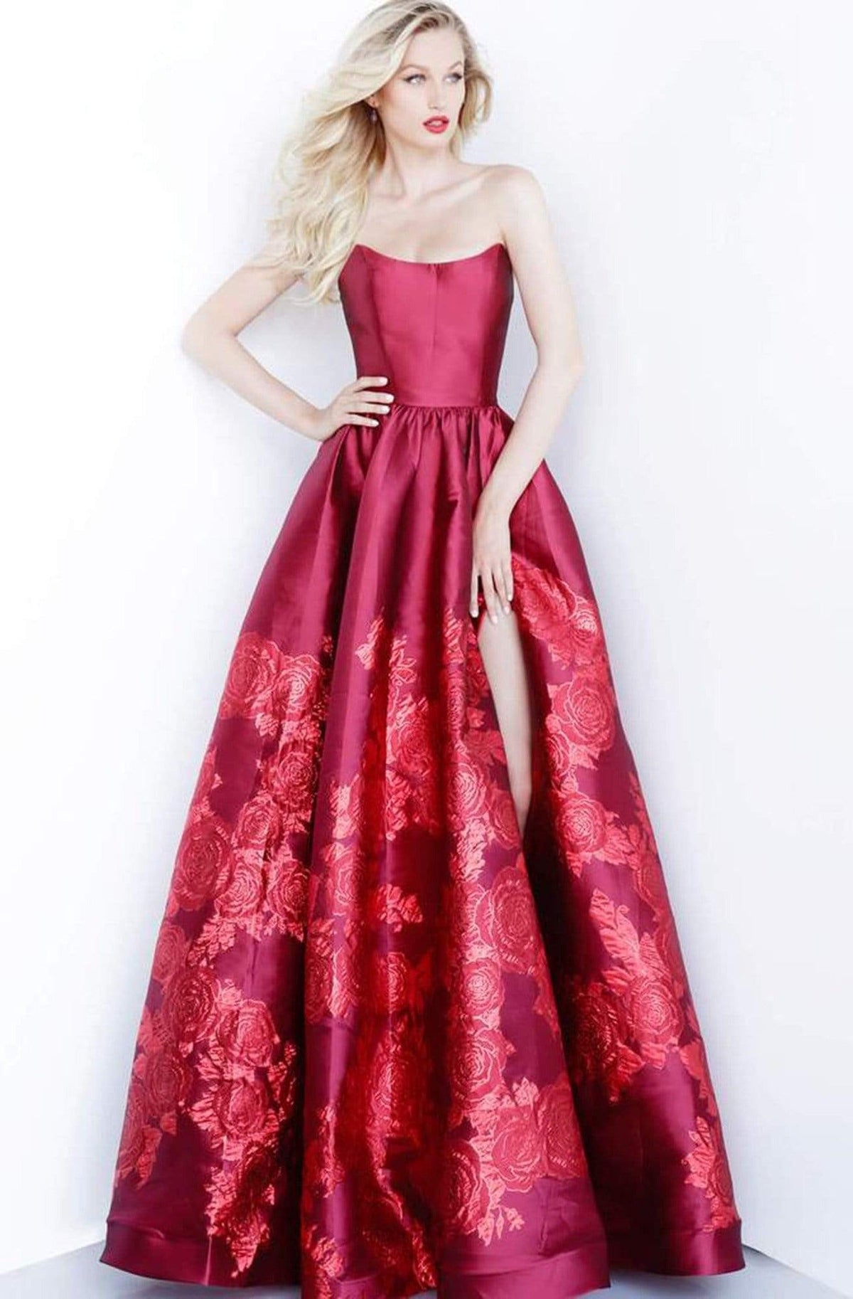 Jovani - 02038 Strapless Scoop Neck Floral Embroidered Gown - Red - Main