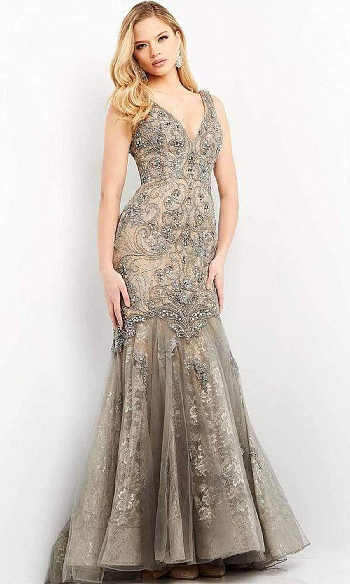 Jovani - 02328 Crystal Beaded Vintage-Inspired Dress - Gunmetal - Main