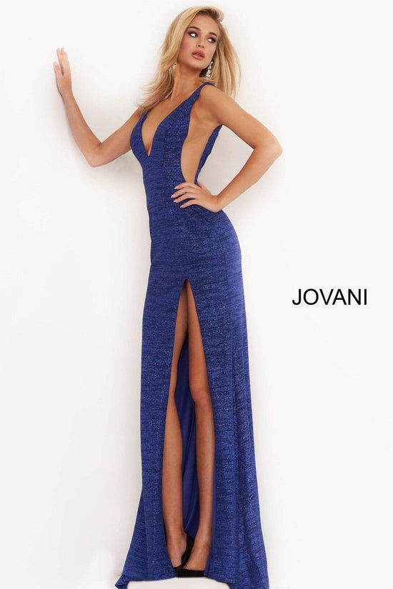 Jovani - 02472 V Neck Fitted Prom Dress with High Slit