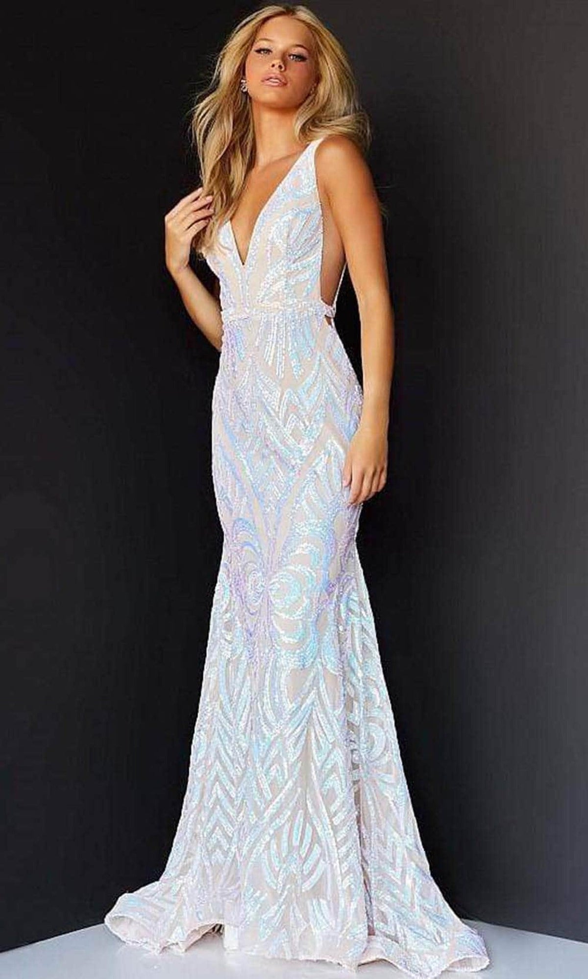 Jovani - 02753 Plunging Neck Open Back Sequin Embellished Mermaid Gown