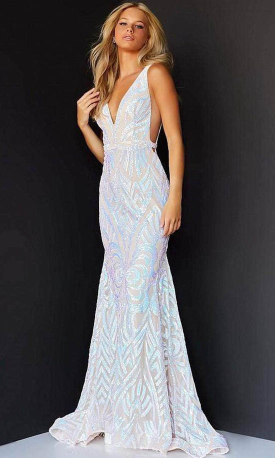Jovani - 02753 Plunging Neck Open Back Sequin Embellished Mermaid Gown