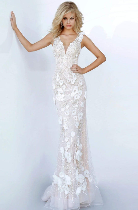 Jovani - 02773 Floral Appliqued Plunging V-Neck Dress - Ivory - Main