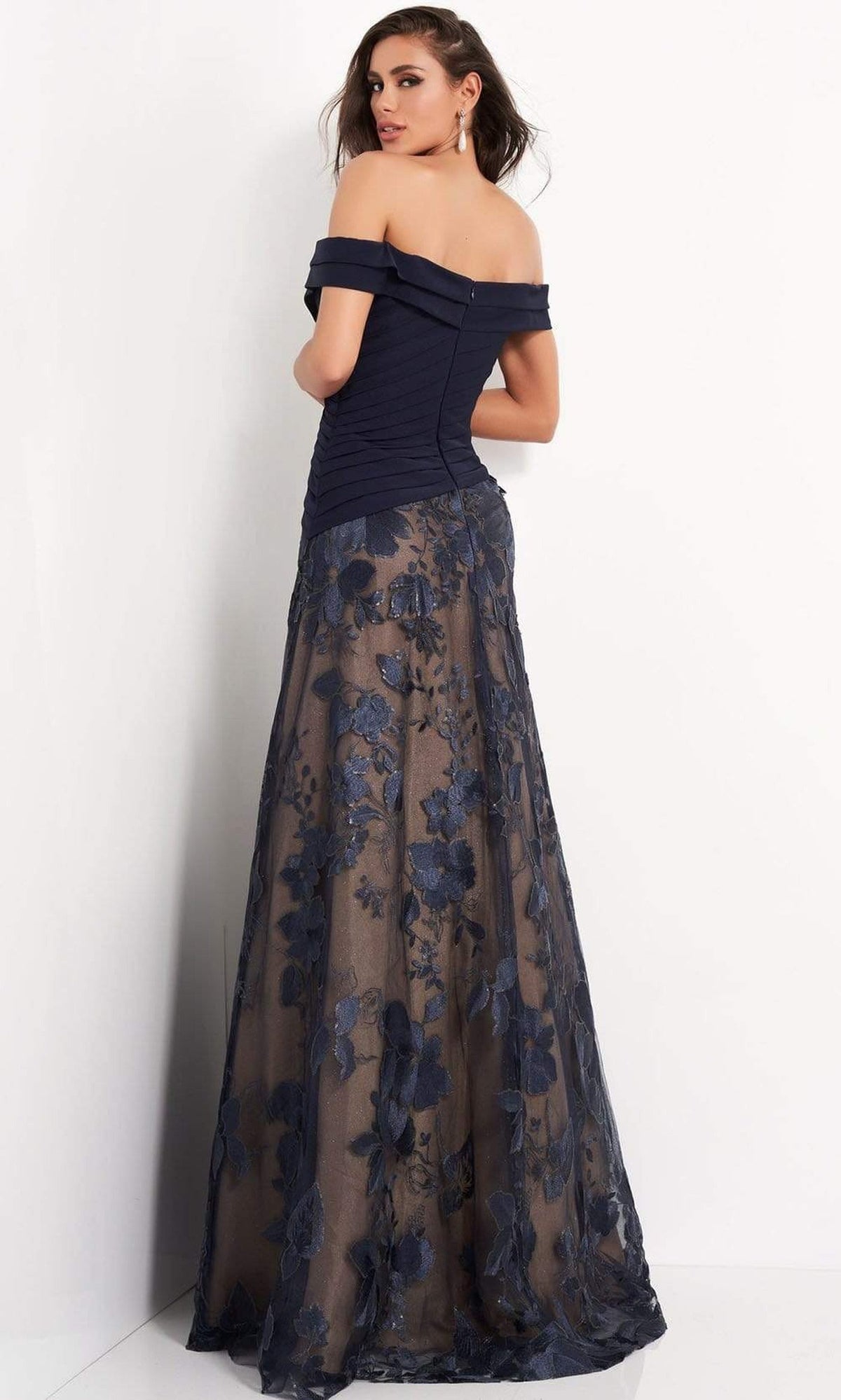 Jovani - 02852 Off Shoulder Pleated Bodice Embroidered Gown