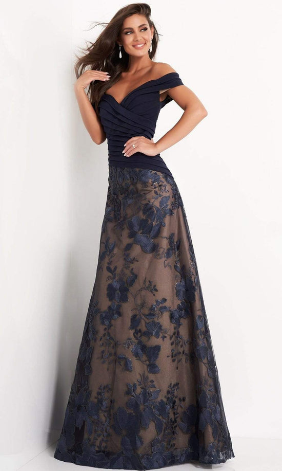 Jovani - 02852 Off Shoulder Pleated Bodice Embroidered Gown - Navy - Main
