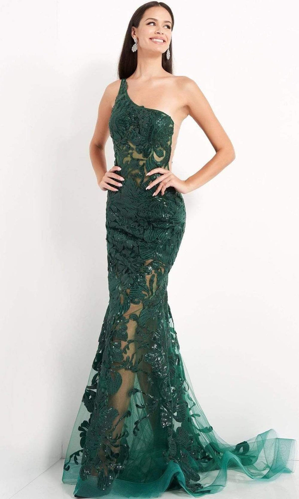 Jovani - 02895 One Shoulder Illusion Simple Prom Mermaid Gown - White - Main