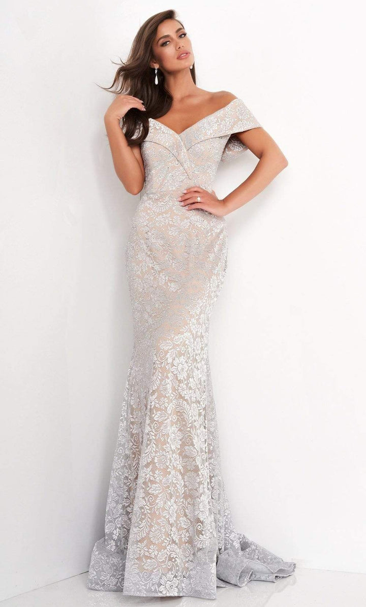 Jovani - 02905 Off-Shoulder Lace Mermaid Evening Dress - Silver - Main