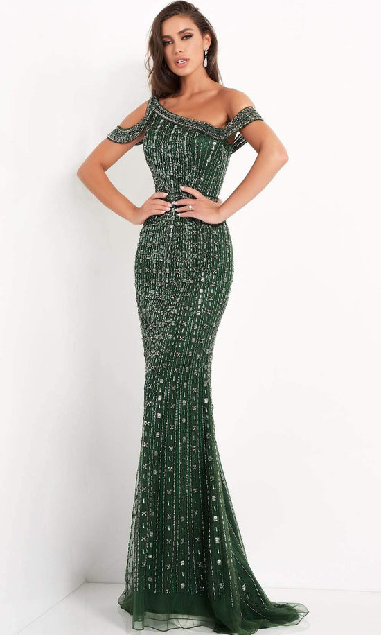 Jovani - 03124 Beaded Cold Shoulder Sheath Gown - Navy - Main