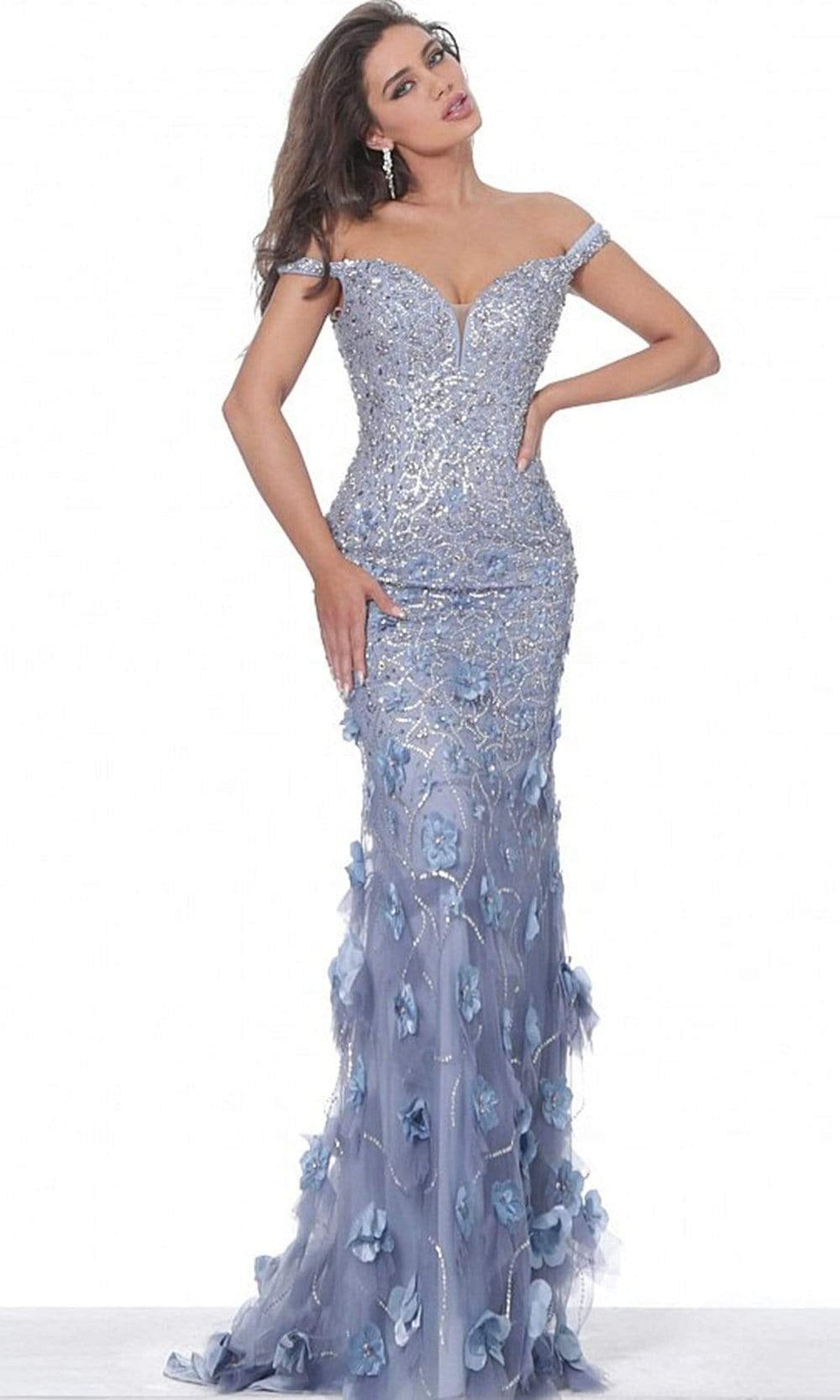 Jovani - 03191 Floral Appliques Off Shoulder Fitted Evening Dress