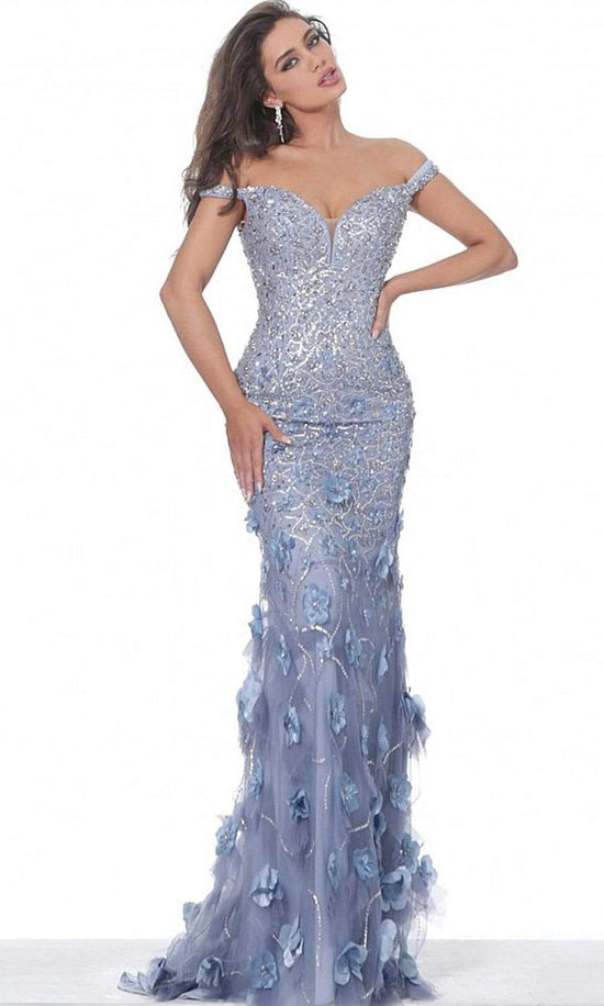 Jovani - 03191 Floral Appliques Off Shoulder Fitted Evening Dress