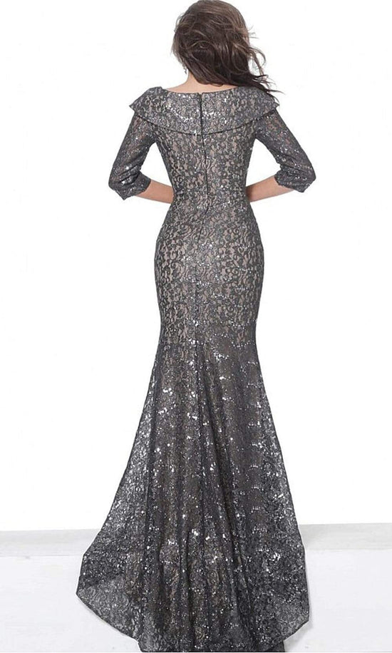 Jovani - 03426 Lace Wide V-Neck Trumpet Dress