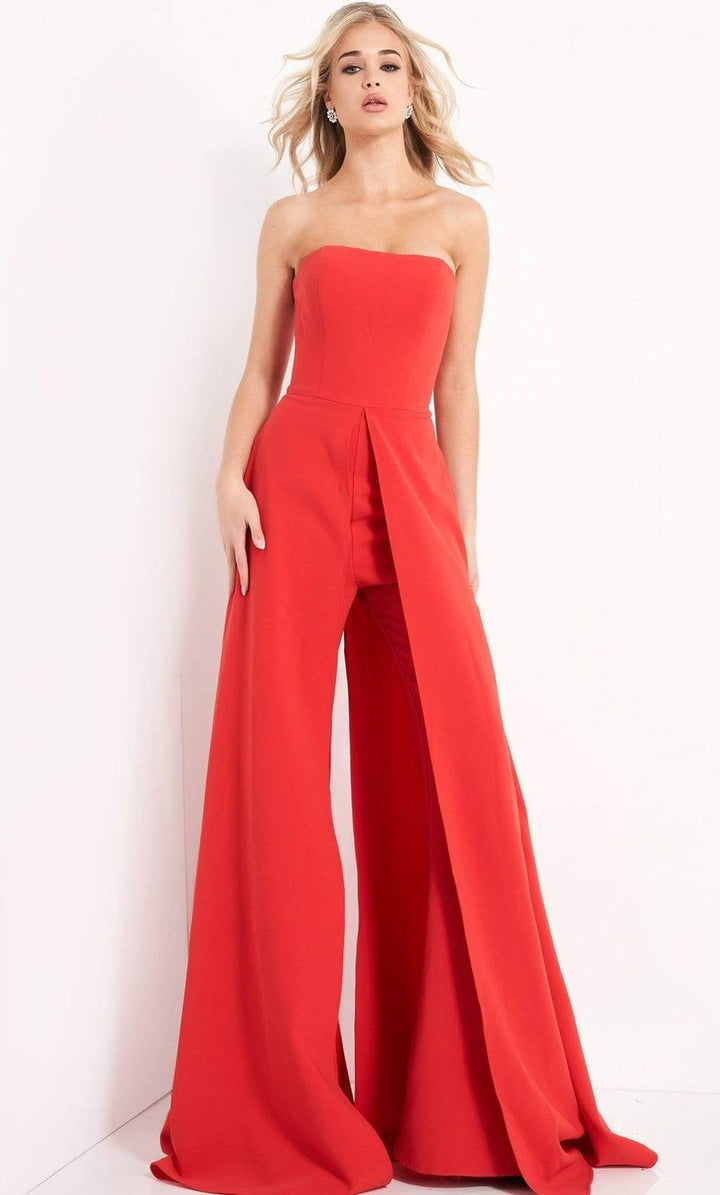 Jovani - 03529 Strapless Wide Leg Formal Evening Jumpsuit With Overlay - Red - Main
