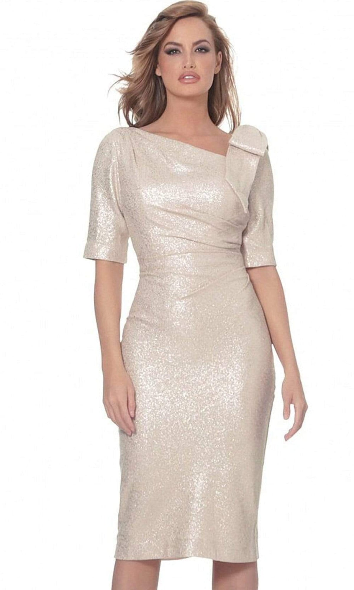 Jovani - 03641 Asymmetric Neck Knee Length Fitted Dress
