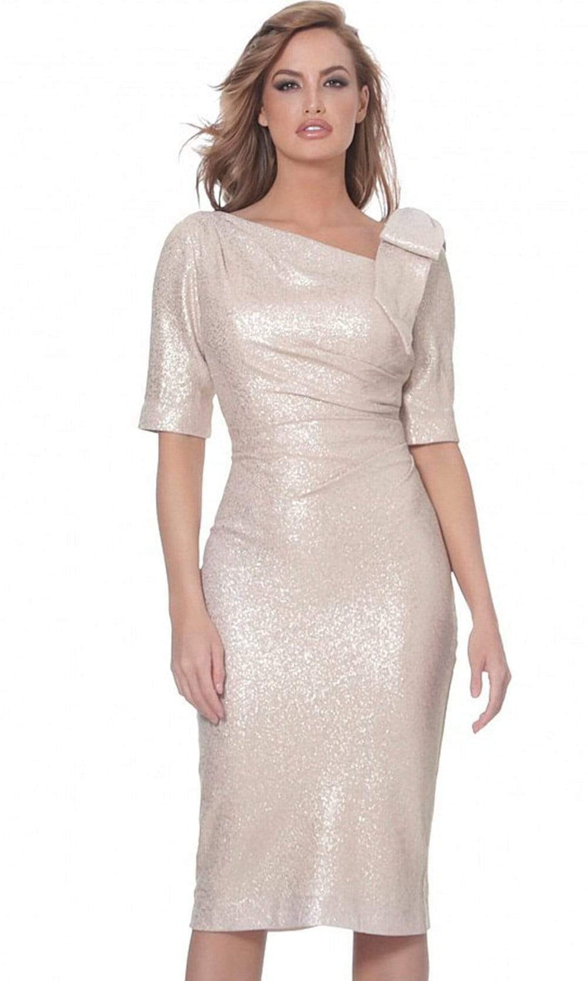 Jovani - 03641 Asymmetric Neck Knee Length Fitted Dress - Light Gold - Main